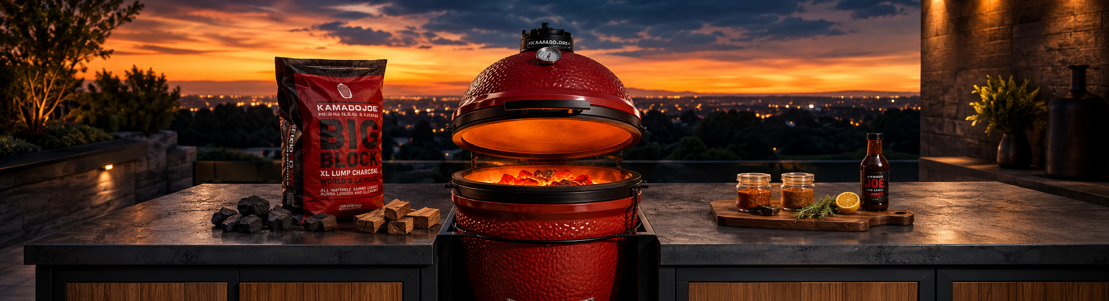 Kamado Joe Classic kamado op buitenkeuken met houtskool, rubs en BBQ saus — officieel Kamado Joe Gold Dealer BBQ Shop Harmelen in Harmelen